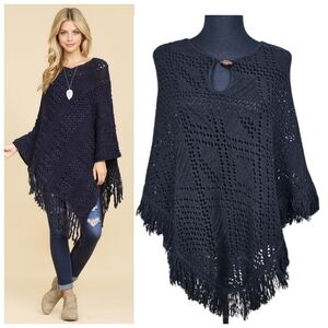 A.L.C Womens Black Open Weave Fringe Boho Poncho Sweater Sz OS Lightweight Chic